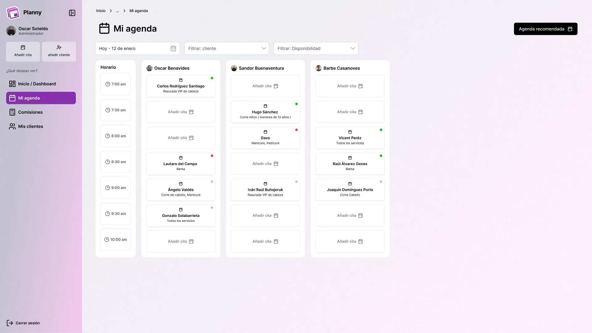 Vista de la agenda de Planny mostrando citas y horarios programados
