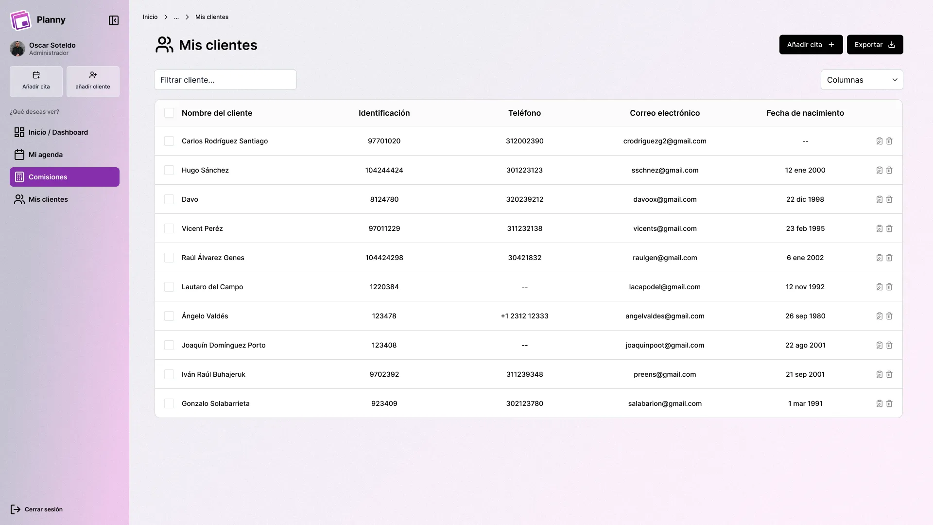 Gestión de clientes en Planny mostrando información y datos de contacto